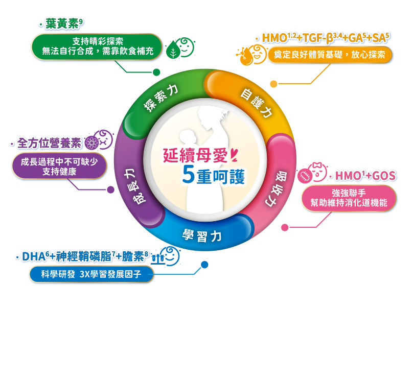 ·葉黃素 支持睛彩探索 無法自行合成,需靠飲食補充 ㆍHMO+TGF-β+GAS+SAS 奠定良好體質基礎,放心探索 ·全方位營養素 成長過程中不可缺少 支持健康 ㆍHMO+GOS 強強聯手 幫助維持消化道機能 ·DHA+神經鞘磷脂+膽素 科學研發 3X學習發展因子